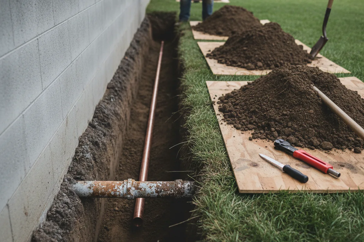 Excavated water line trench during Water Softener Installation in Collierville